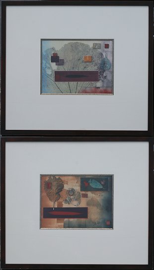 Appraisal: PAIR MODERN JAPANESE MOTIF ILLEGIBLY SIGNED PRINTS '' x ''