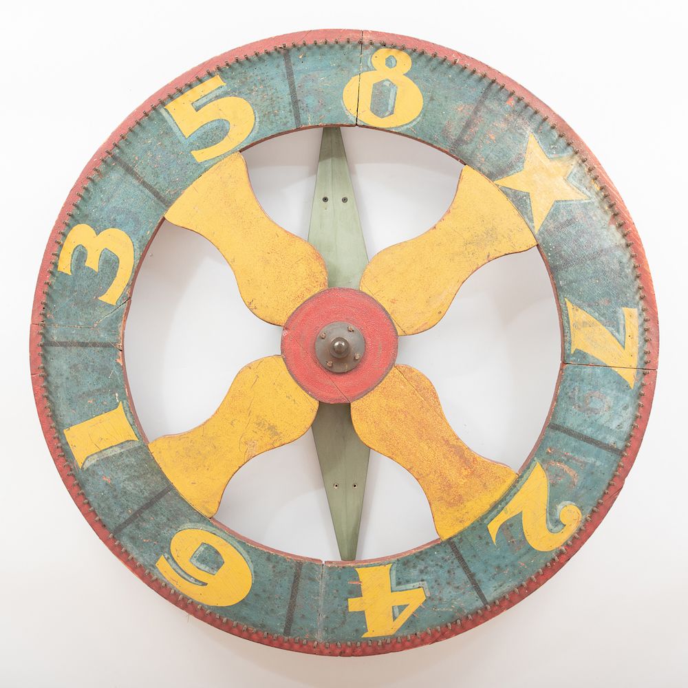 Appraisal: Folk Art Polychrome Painted Game Wheel Double sided in diam