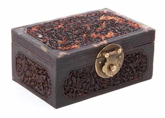 Appraisal: Chinese pierce-carved tortoiseshell box th century rectangular hinged box with