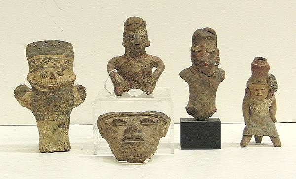 Appraisal: Five pre-Columbian figures Including a Veracruz figure Teotihuacan head fragment