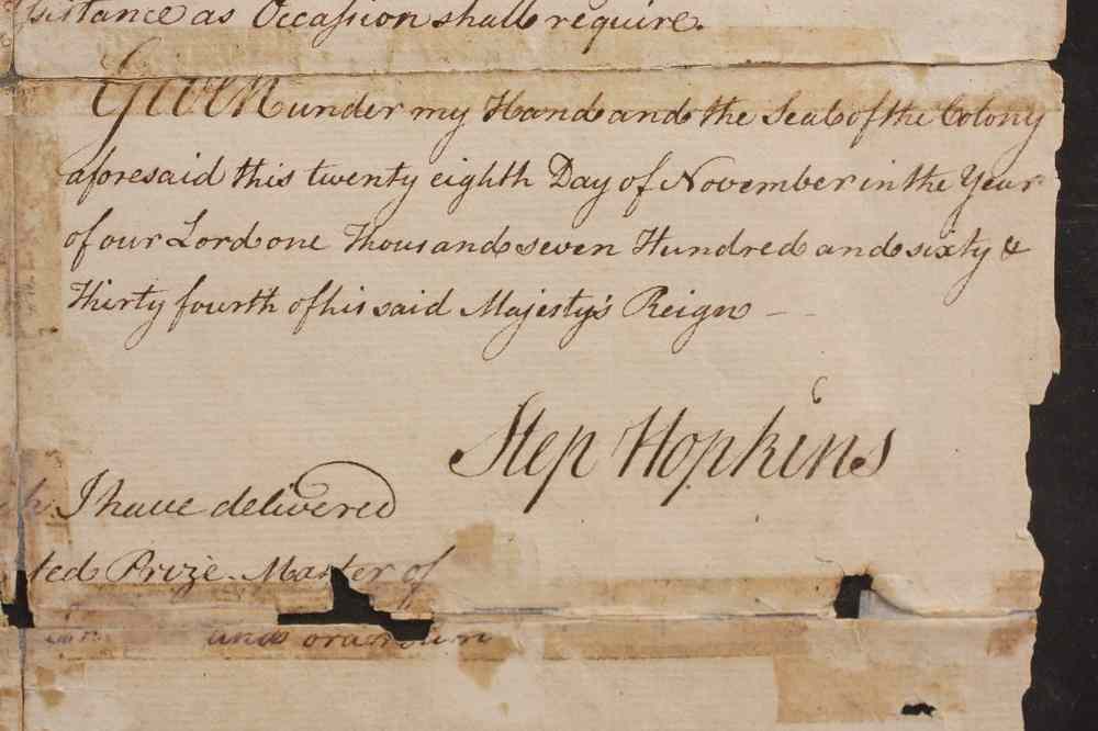 Appraisal: EARLY STEPHEN HOPKINS SIGNED LETTER OF MARQUE - French and