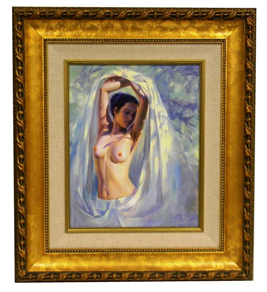 Appraisal: Jia Lu Chinese b oil on canvas semi-nude brunette woman