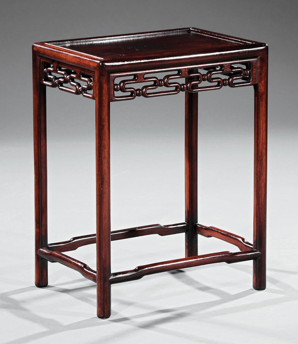 Appraisal: Chinese Carved Hardwood Side Table inset panel top reticulated S-scroll