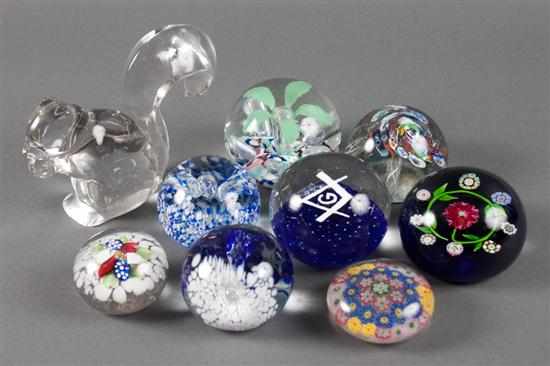 Appraisal: Eight assorted glass paperweights and a glass squirrel paperweights include