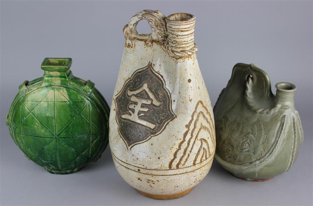 Appraisal: TWO CHINESE WATER FLASKS LIAO DYNASTY TOGETHER WITH ANOTHER LATER