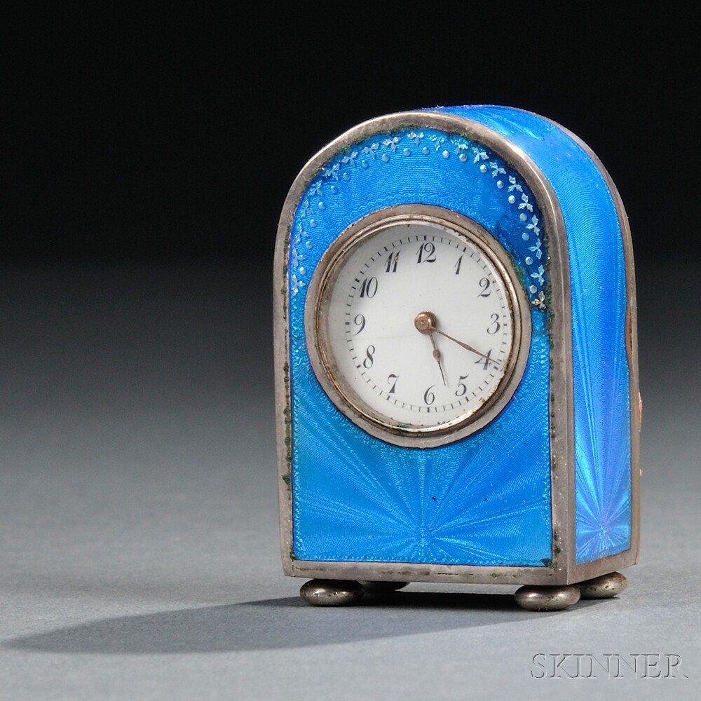 Appraisal: Silver-framed Blue Guilloche Boudoir Clock Continental late th early th