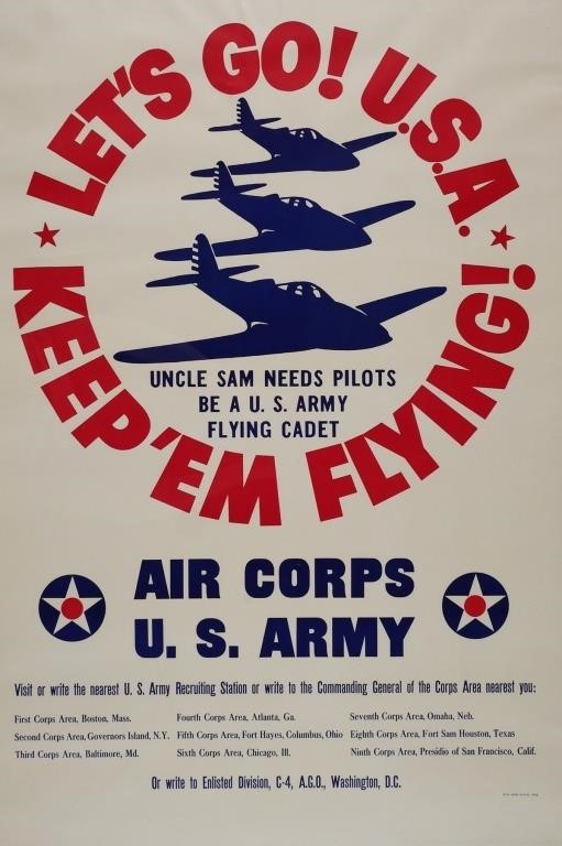 Appraisal: U S Army Air Corps recruitment poster WWII Let's Go