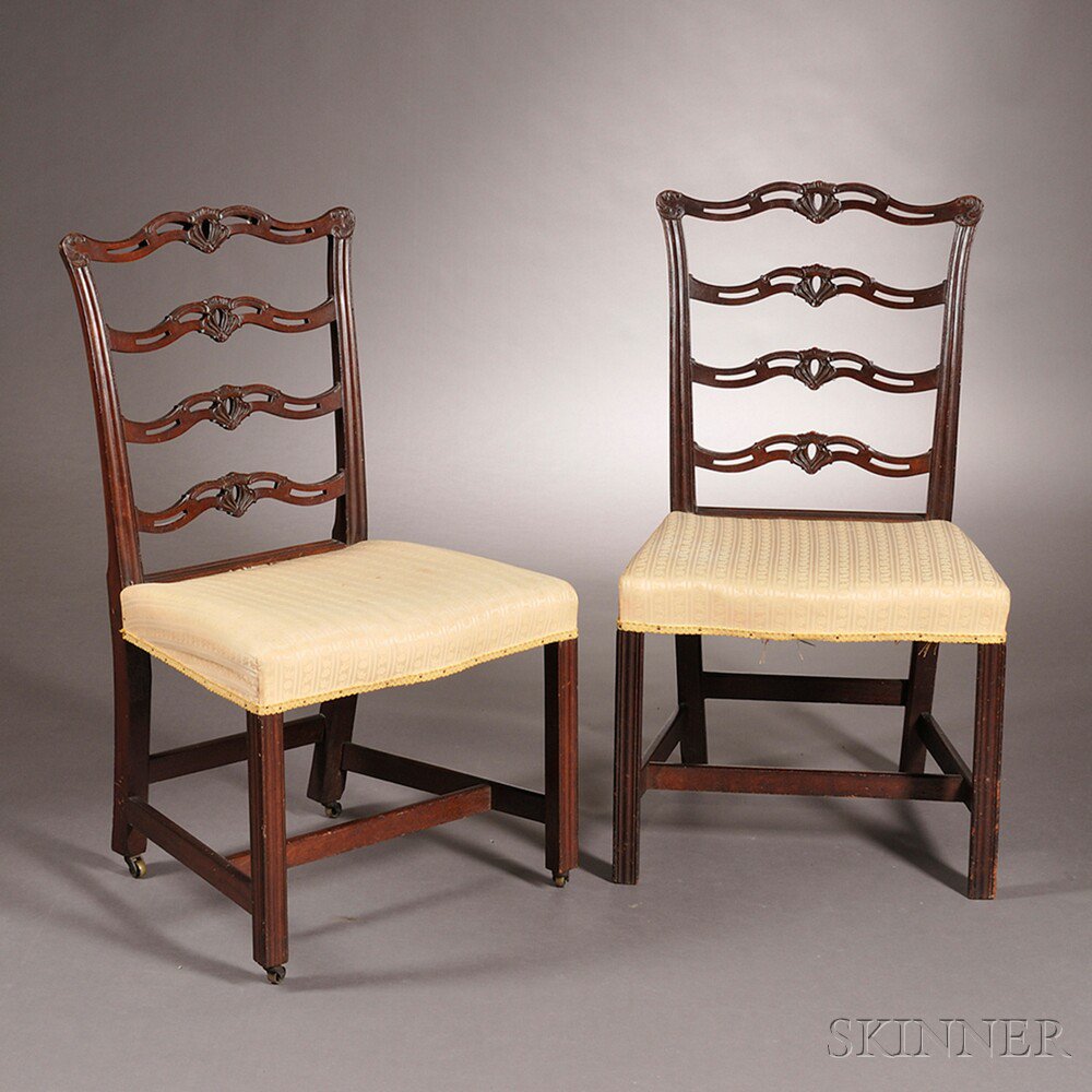 Appraisal: Pair of Mahogany Carved Slat-back Chairs Massachusetts late th century