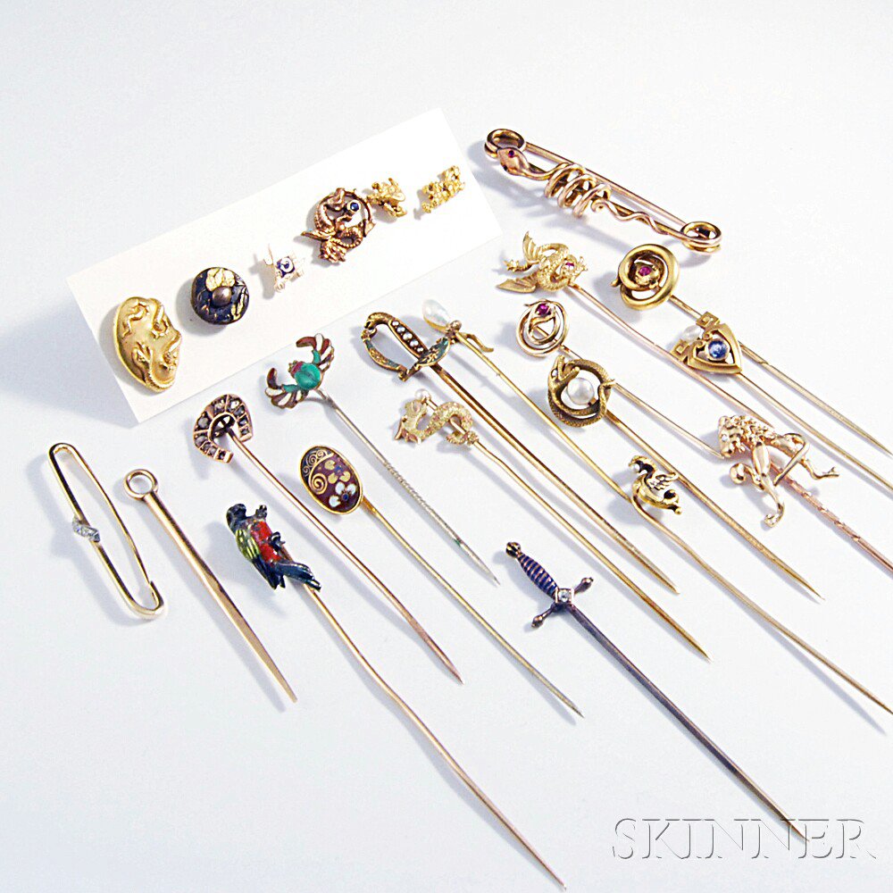 Appraisal: Sixteen Gold Stickpins Six Tie Pins and Two Bar Pins