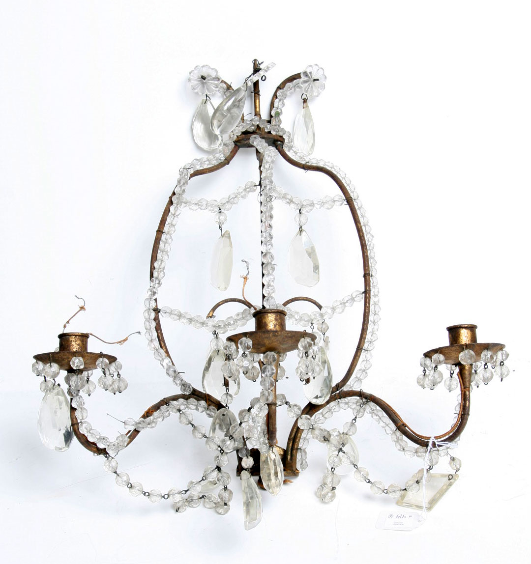 Appraisal: PAIR OF LOUIS XV GILT-METAL AND CUT-GLASS THREE-LIGHT SCONCES Height