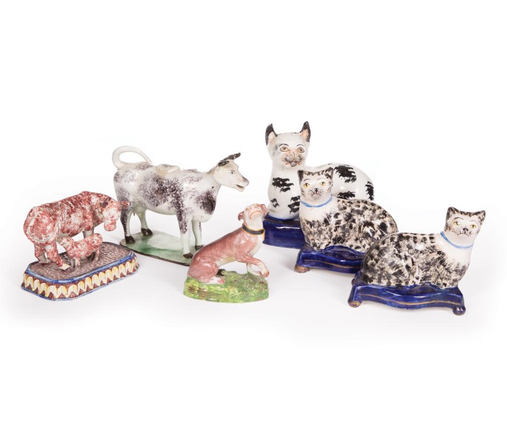 Appraisal: Six Antique Staffordshire Pottery Figures of Animals incl a dog