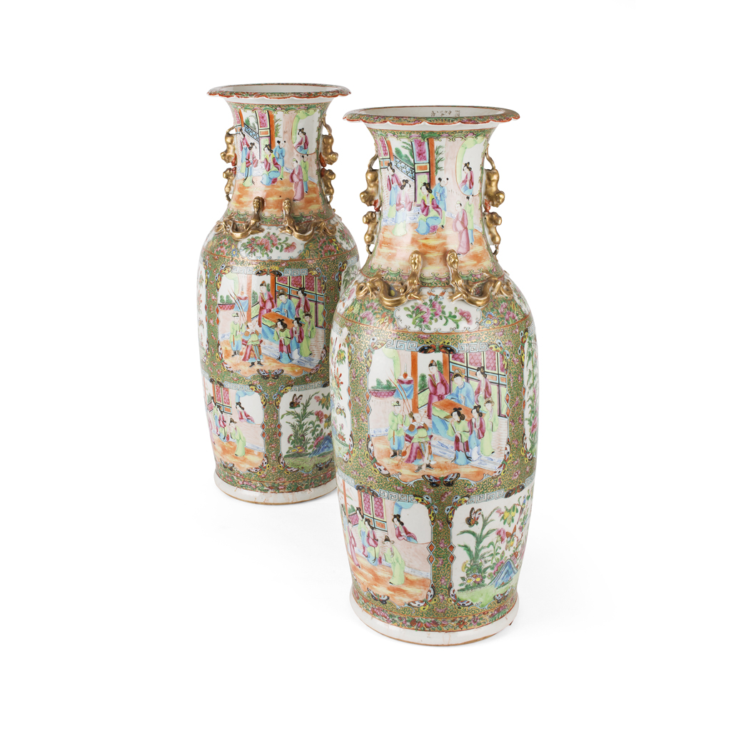 Appraisal: PAIR OF CHINESE CANTON FAMILLE ROSE VASES TH CENTURY each