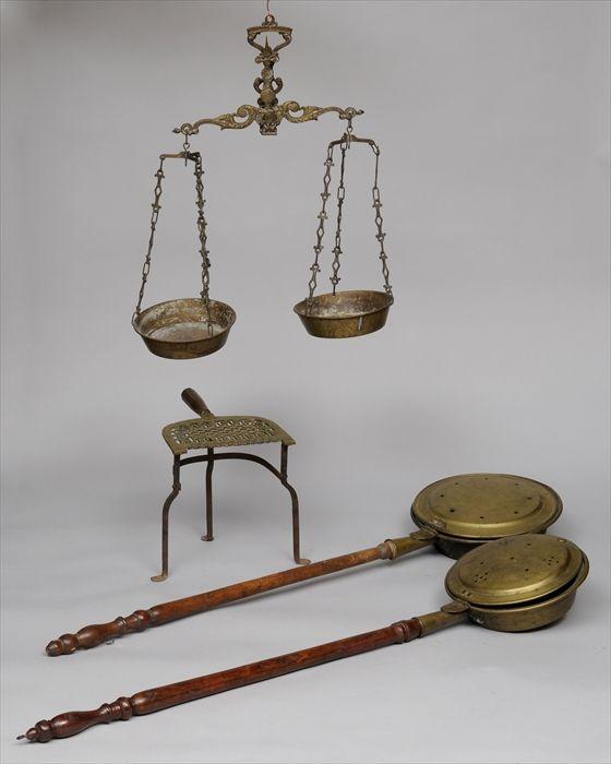 Appraisal: FOUR BRASS ARTICLES Including a hanging scale two bed warmers