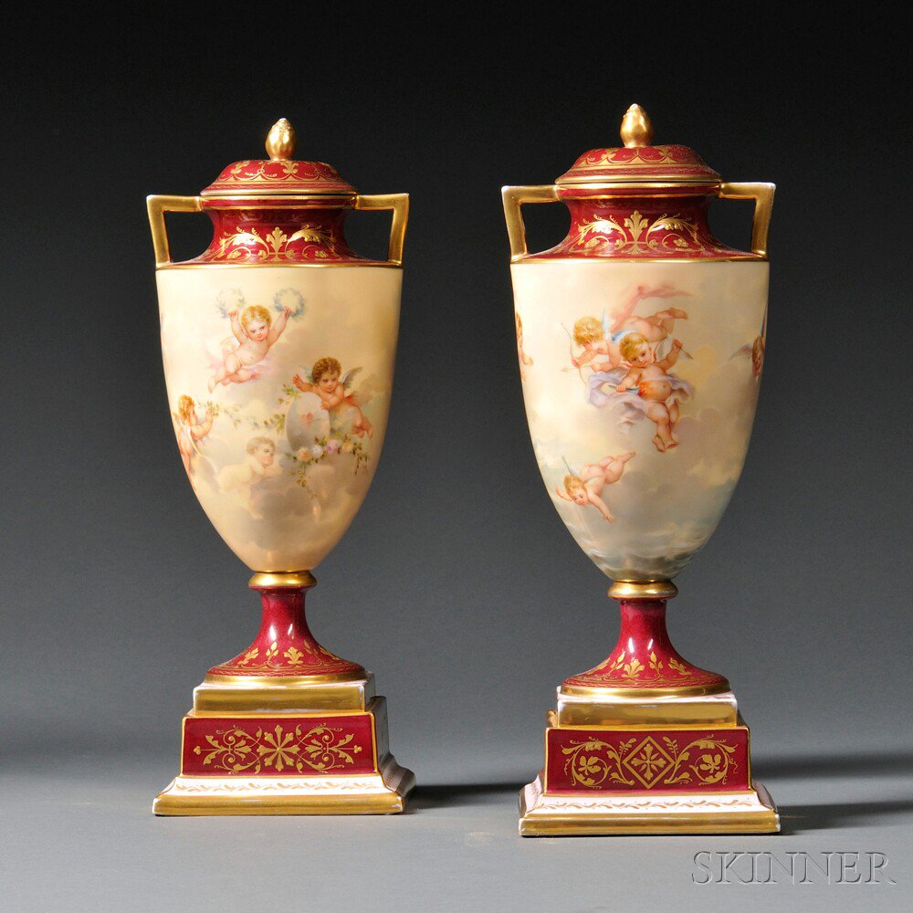 Appraisal: Pair of Vienna Porcelain Urns and Covers Austria late th