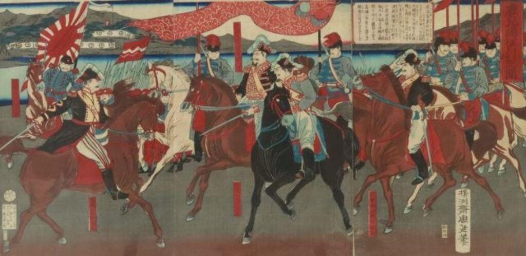 Appraisal: Framed triptych woodblock print on paper News of Kagoshima Conquest