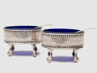 Appraisal: Pair of HESTER BATEMAN Silver Glass Lined Salts Pair of