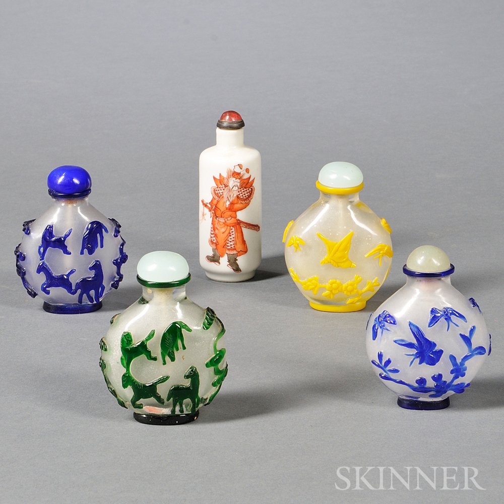 Appraisal: Five Snuff Bottles China late th century four Peking glass