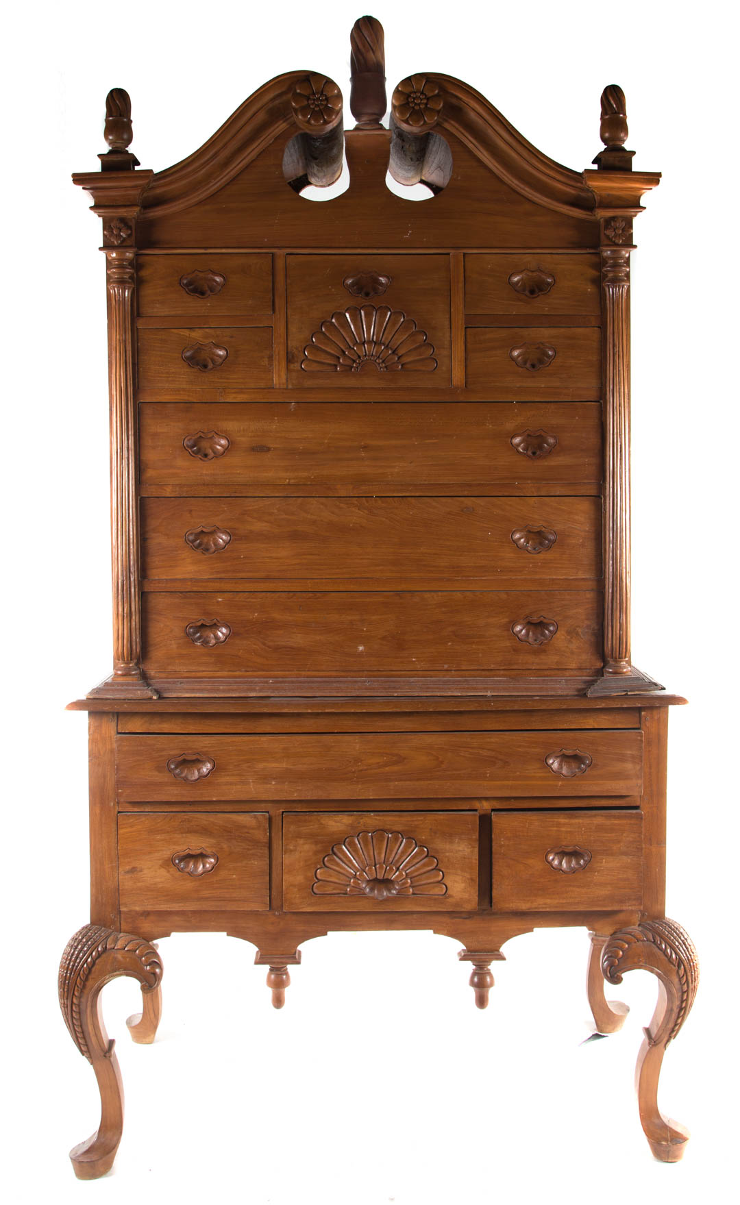 Appraisal: Chippendale style teakwood highboy broken arched pediment with three spiral