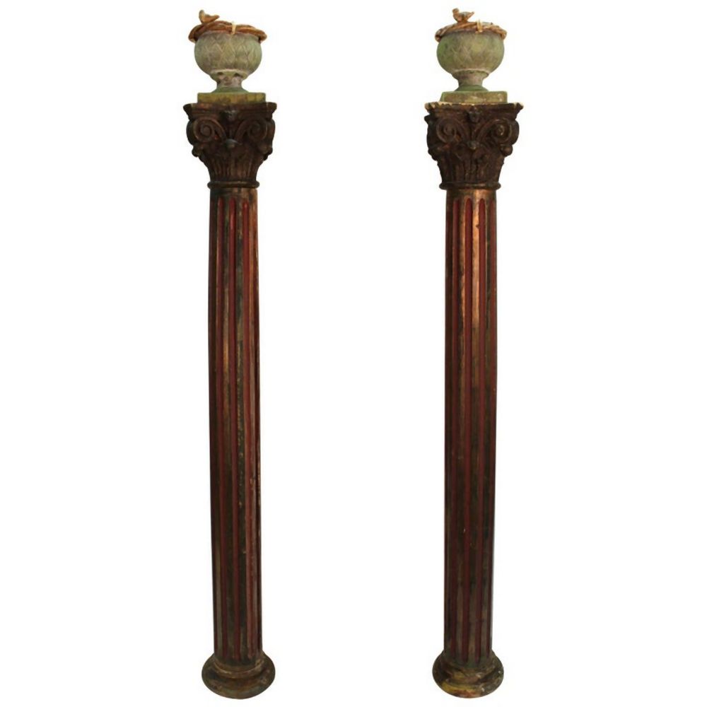 Appraisal: CARVED WOOD CORINTHIAN COLUMNS W POTTERY URNS PR Pair of