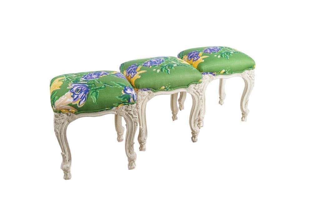 Appraisal: SET OF THREE PAINTED UPHOLSTERED STOOLSCondition upholsterly in good condition