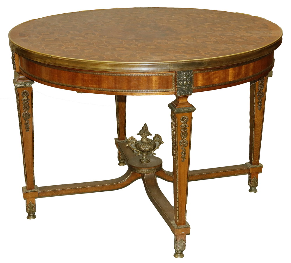 Appraisal: ROUND FRENCH STYLE MARQUETRY INLAID CENTER TABLE Ornate Louis XV