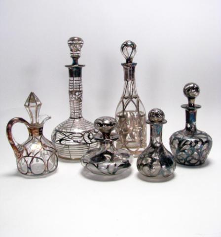 Appraisal: Group of six antique bottles with silver overlay tallest is