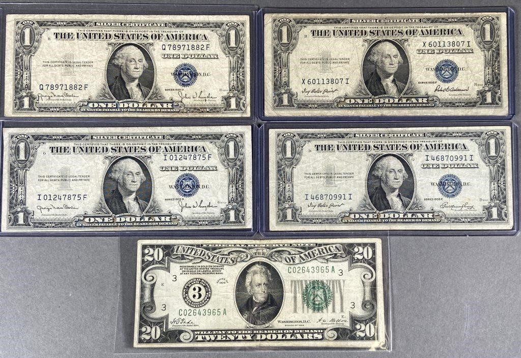 Appraisal: Four Silver Certificates series D E and F plus a