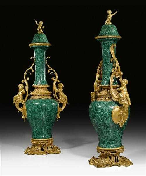 Appraisal: PAIR OF LARGE MALACHITE VASES AUX ENFANTS R gence style