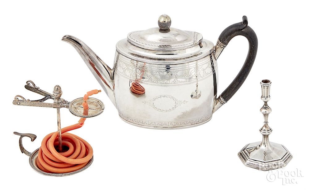 Appraisal: English silver teapot wax jack and taperstick English silver teapot