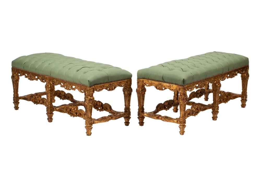 Appraisal: Pair of French Regence-Style Giltwood Window Seats tufted seat anthemion