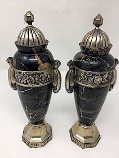 Appraisal: Pair French Art Deco Silver Gilt Bronze Marble French Art