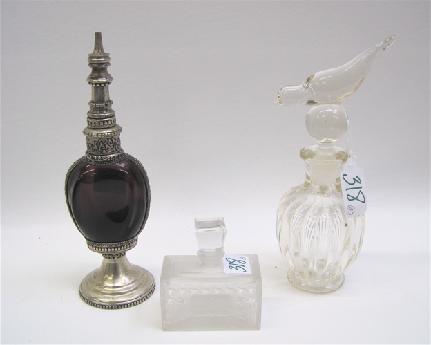 Appraisal: THREE GLASS PERFUMES One with figural bird stopper H an