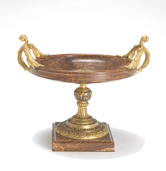 Appraisal: A French onyx gilt bronze and champlev enamel mounted tazza