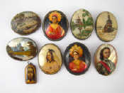 Appraisal: Six Soviet Russian brooches on m o p two lacquered