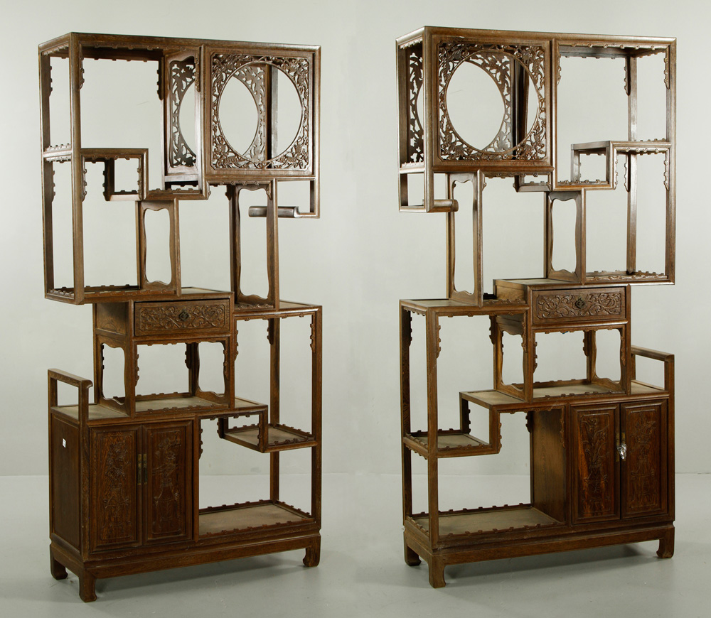 Appraisal: - Pr Chinese Carved Bookcases Pair of carved bookcases China