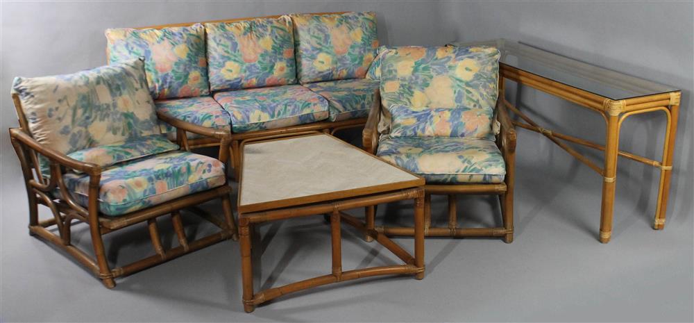 Appraisal: FICKS REED RATTAN BAMBOO AND UPHOLSTERED SOFA TWO ARMCHAIRS SIDE