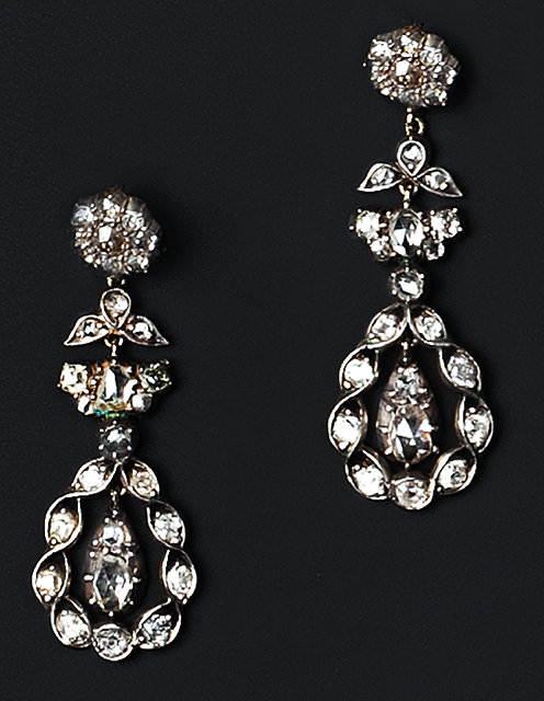 Appraisal: A PAIR OF DIAMOND EAR PENDANTS each suspending an old-cut