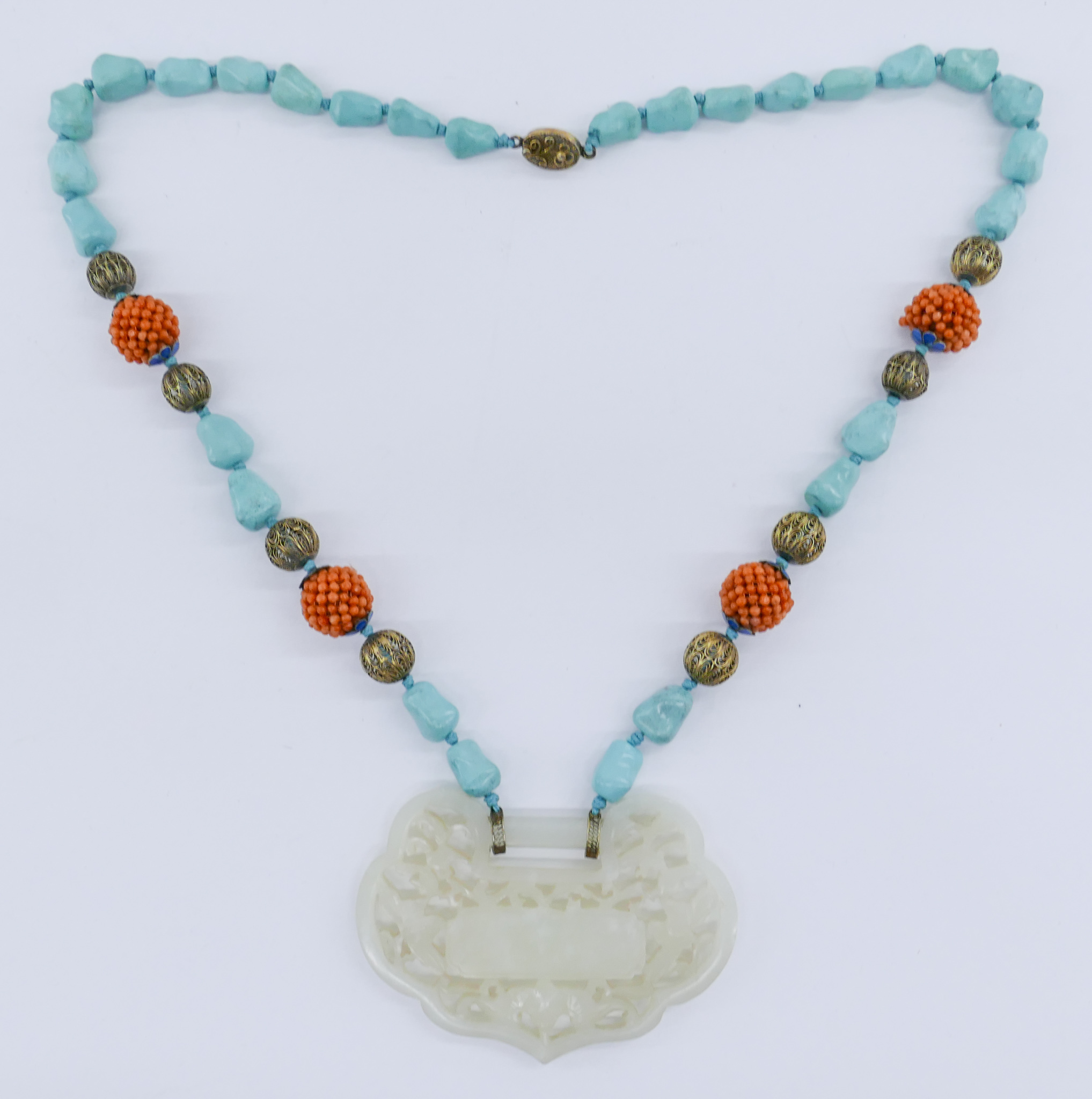 Appraisal: Chinese Jade and Turquoise Lock Pendant Necklace Pierced carved transparent