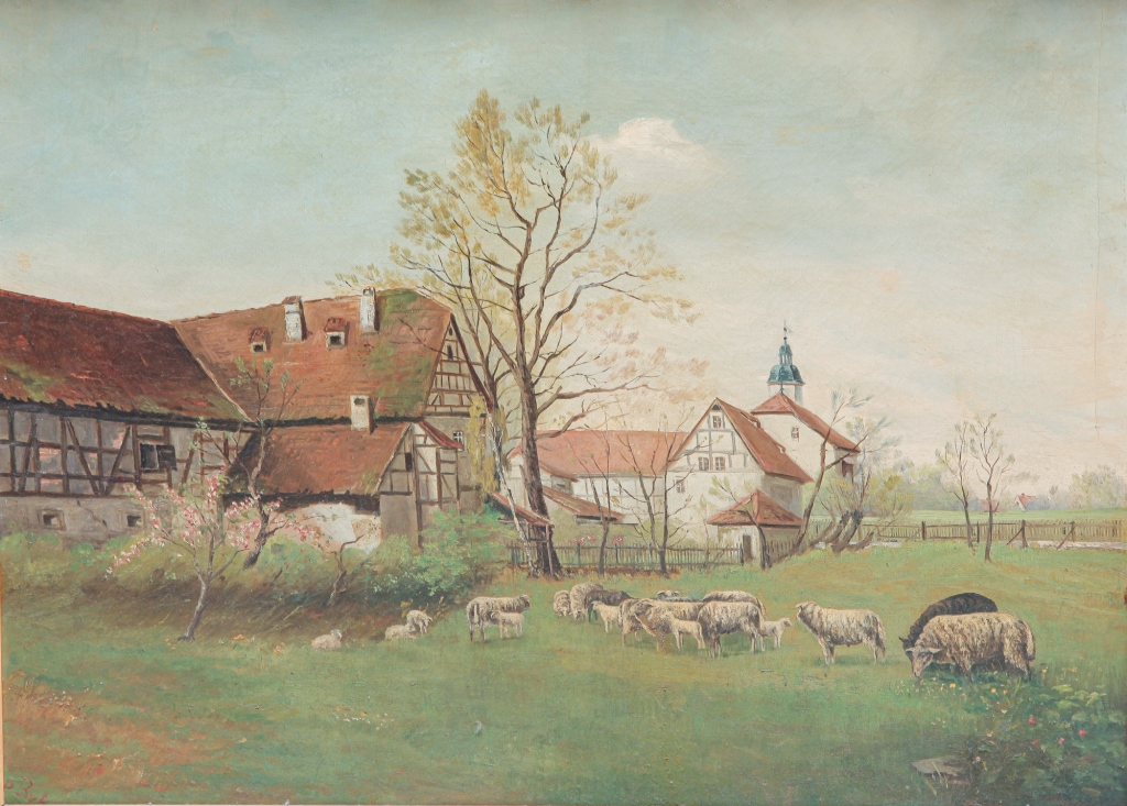 Appraisal: COTTAGE SCENE WITH SHEEP English school mid th century Oil