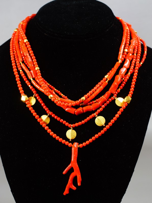 Appraisal: K YG six strand coral necklace long - mm coral