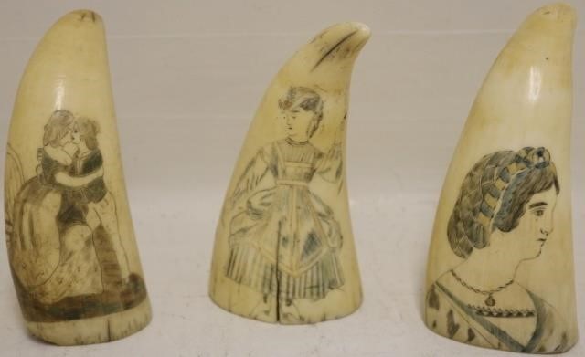 Appraisal: THREE TH C SCRIMSHAW WHALE TEETH ONE WITHPOLYCHROME DECORATION DEPICTING