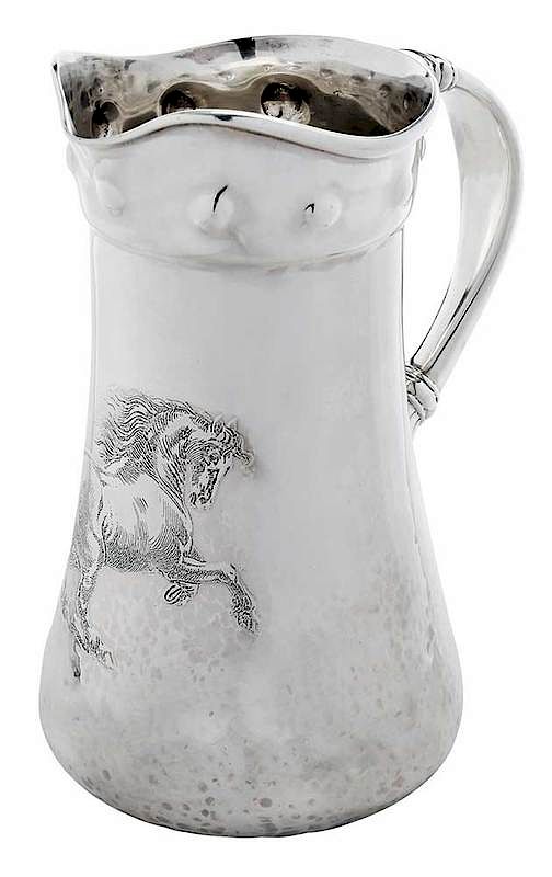 Appraisal: Whiting Sterling Hammered Pitcher Horse American late th century hammered