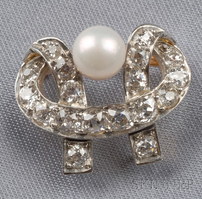 Appraisal: Edwardian Diamond and Pearl Pin the bow motif set with