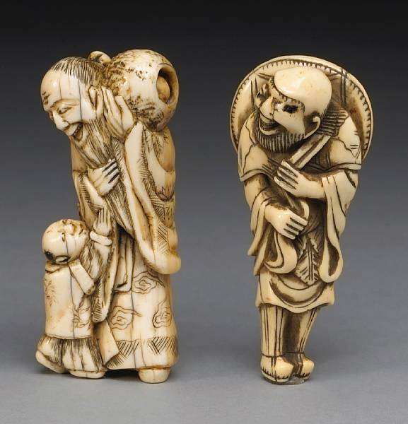 Appraisal: Two ivory figural studies The first featuring a karako beseeching