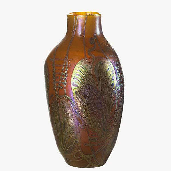 Appraisal: TIFFANY STUDIOSFavrile glass vase with extensive heart and vine decorationEtched