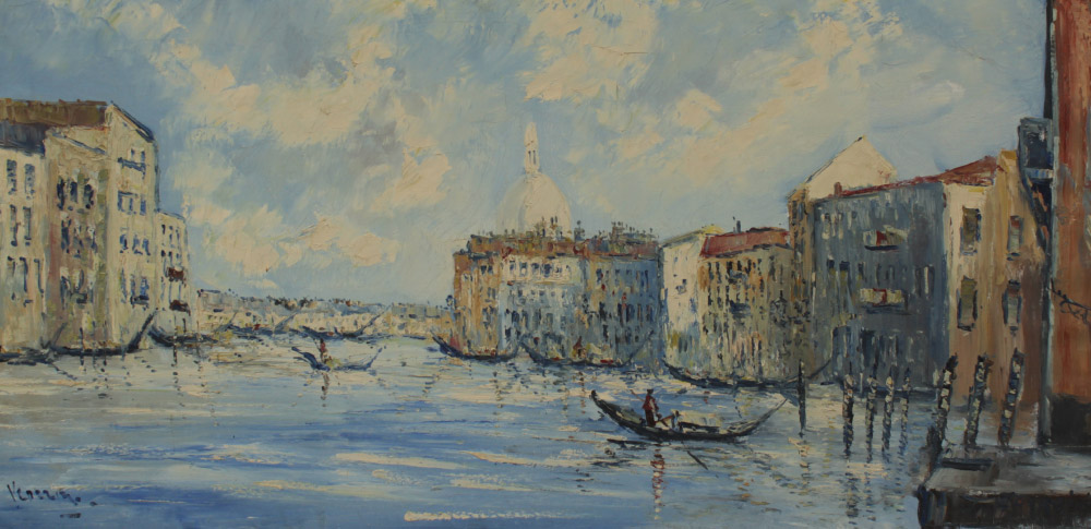 Appraisal: LARGE ILLEGIBLY SIGNED VENETIAN CANAL PAINTING Oil Canvas sight size