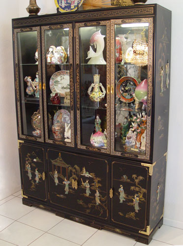 Appraisal: CHINESE BLACK LACQUER CHINA CABINET Upper section with glass doors