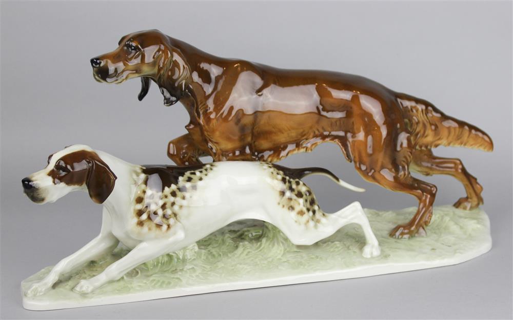 Appraisal: HUTSCHENREUTHER PORCELAIN GROUP OF BIRD DOGS green printed and paper