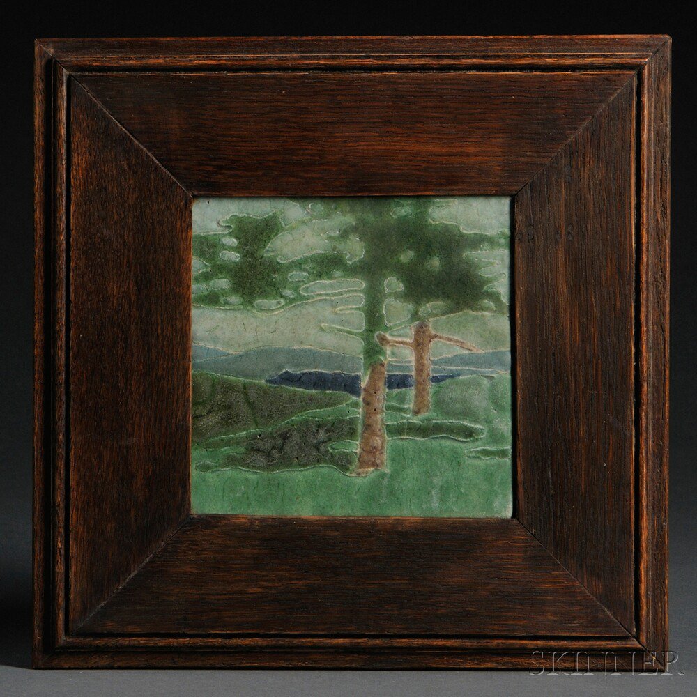 Appraisal: Framed Landscape Tile Attributed to Grueby Boston early th century