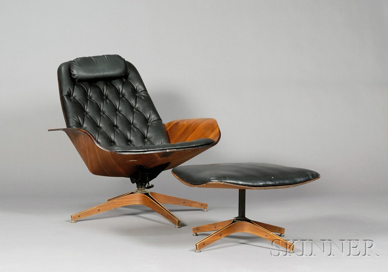 Appraisal: Plycraft Chair and Ottoman Black upholstery and laminated plywood George